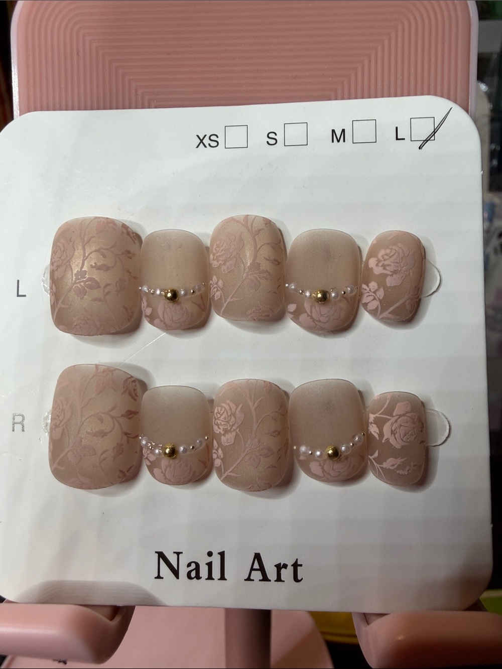 Matt Finish Neutral Pink Floral Press-On Nails with Pearl Accents